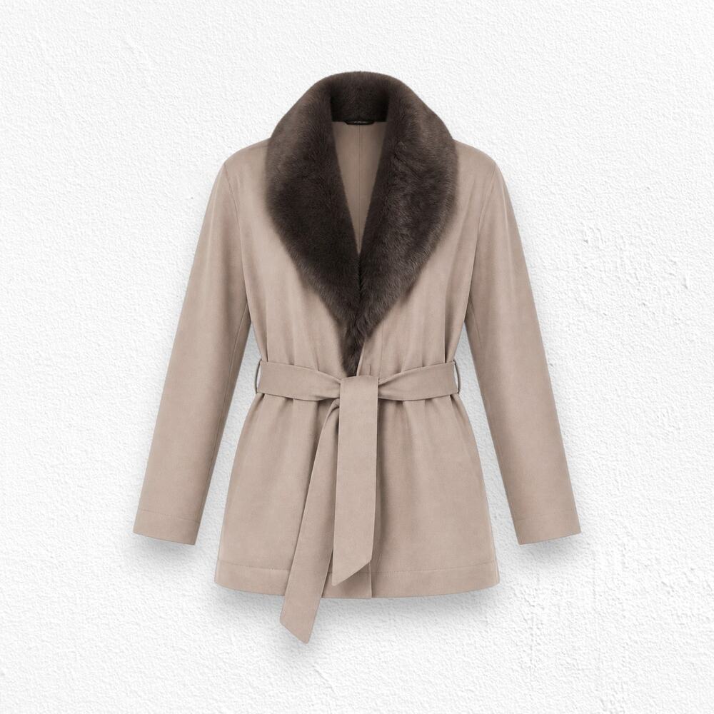 Talbots Beige Merino Wool Belted Cardigan Faux Fur Collar Sweater Size Large